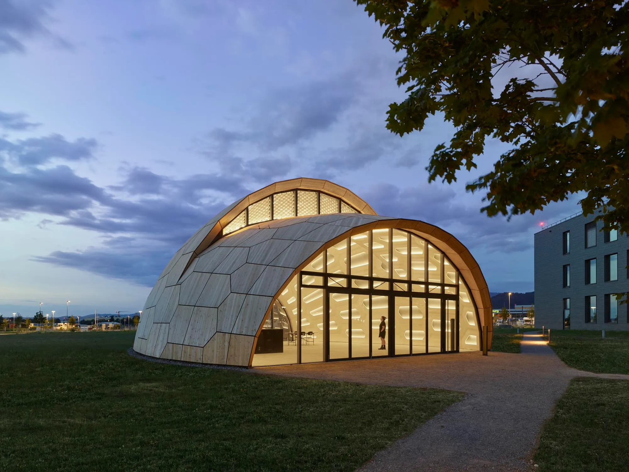 livMatS Biomimetic Shell no campus FIT em Freiburg, casca de painéis hexagonais de madeira ao entardecer