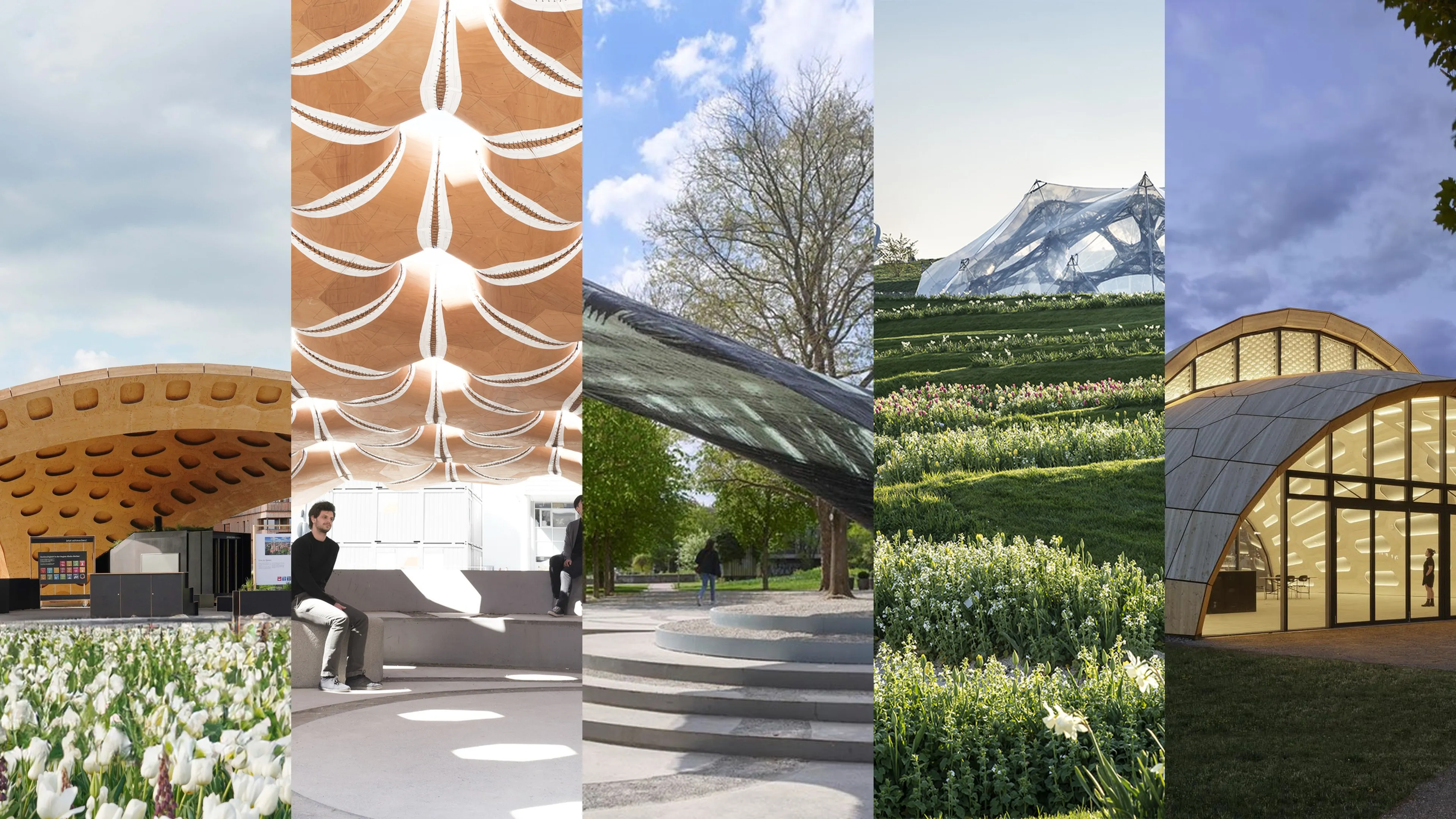 Colagem em cinco faixas verticais de projetos alemães apresentados na palestra, BUGA Wood Pavilion Reuse 2023, ICD/ITKE Research Pavilion 2015-16 e 2016-17, BUGA Fibre Pavilion 2019 e livMatS Biomimetic Shell.
