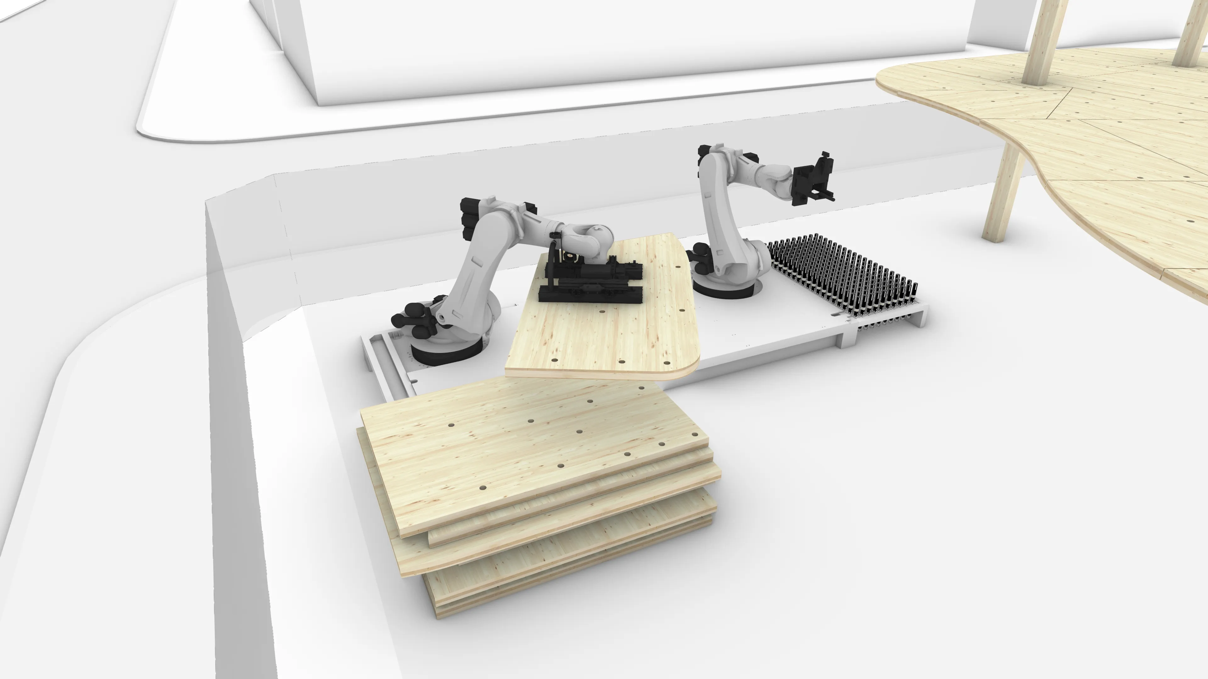 Abbildung 42 – Roboter A platziert die Paneele vom Magazin auf der Arbeitsstation der Plattform.