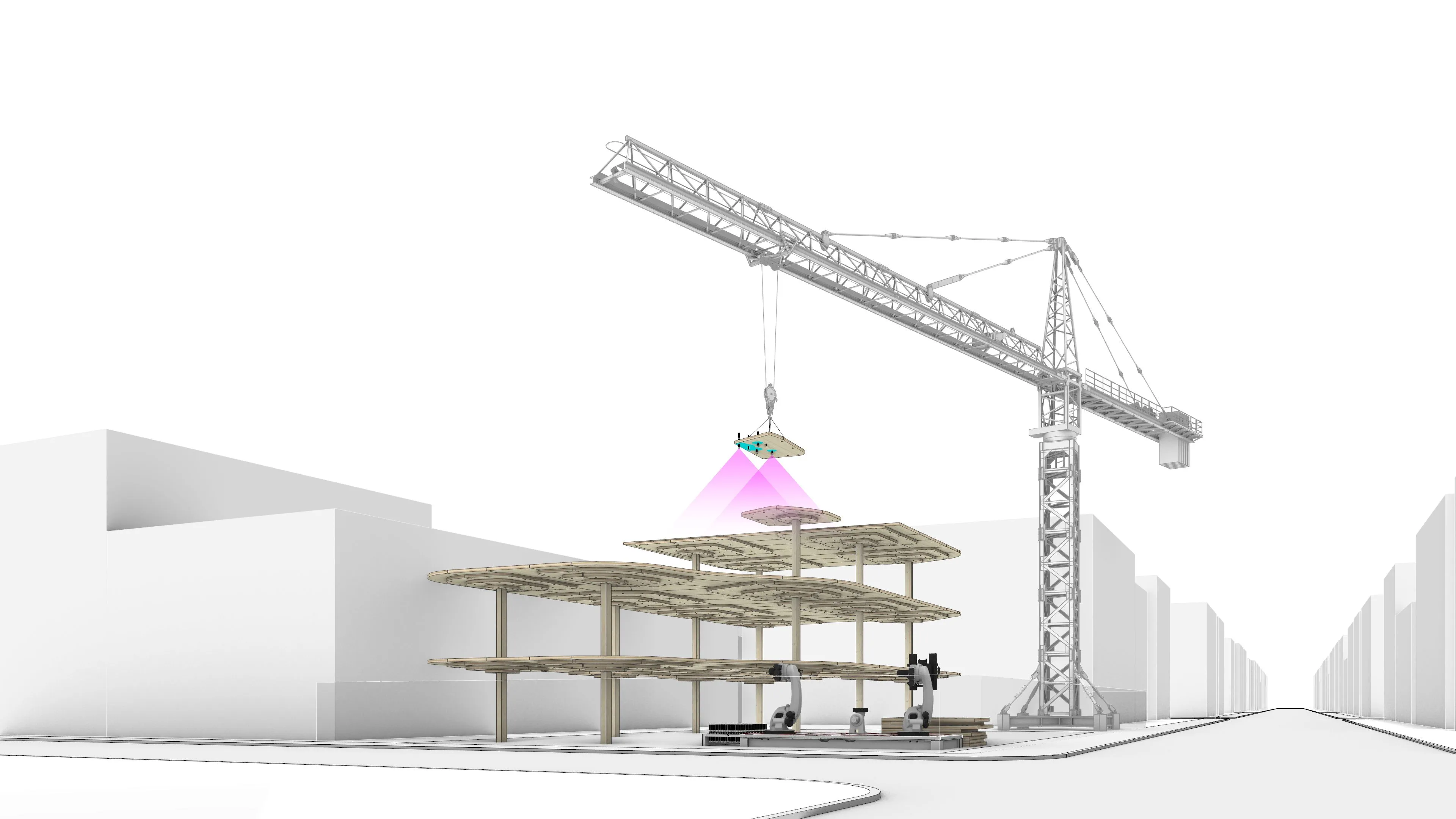 Figure 46 - Afterwards, a crane would lift the element up and position it on top of the structure while the cameras guide the crane operation.