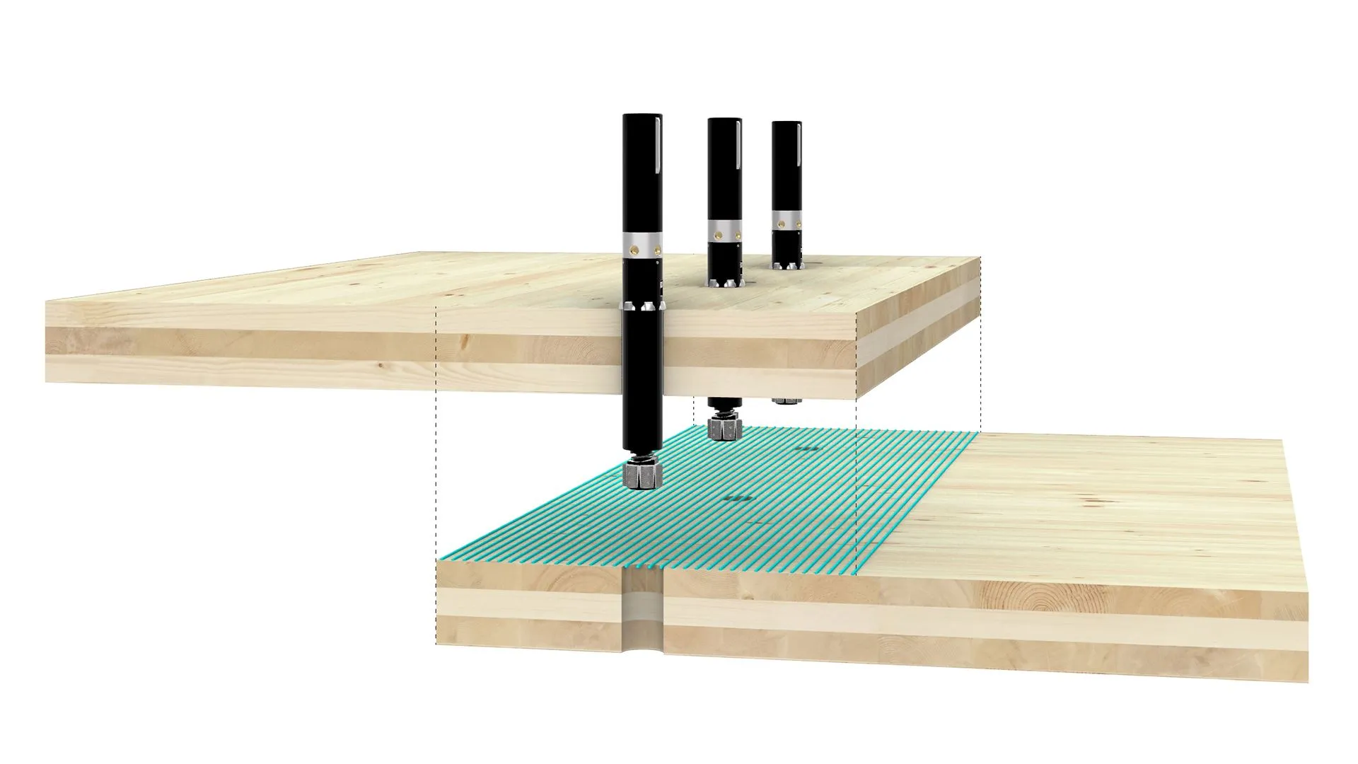 Construction system with lap joints and the robots to apply pressure for the glue to dry.