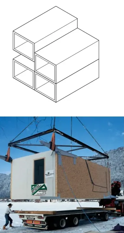 Figure 11c - Prefabrication of modular room elements, Hotel extension, Bezau (AT) 1998, Kaufmann 96.