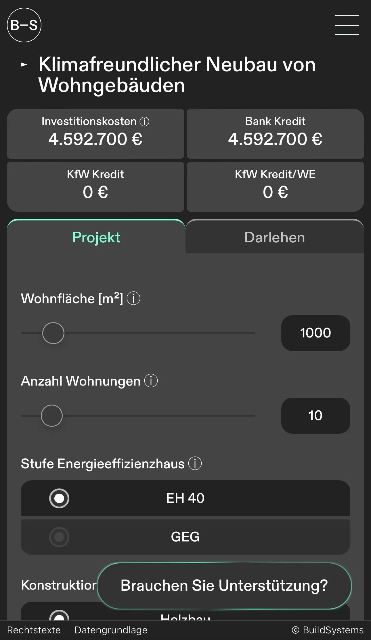 Captura de tela da versão móvel da calculadora de financiamento mostrando o Neubau na aba Projekt.