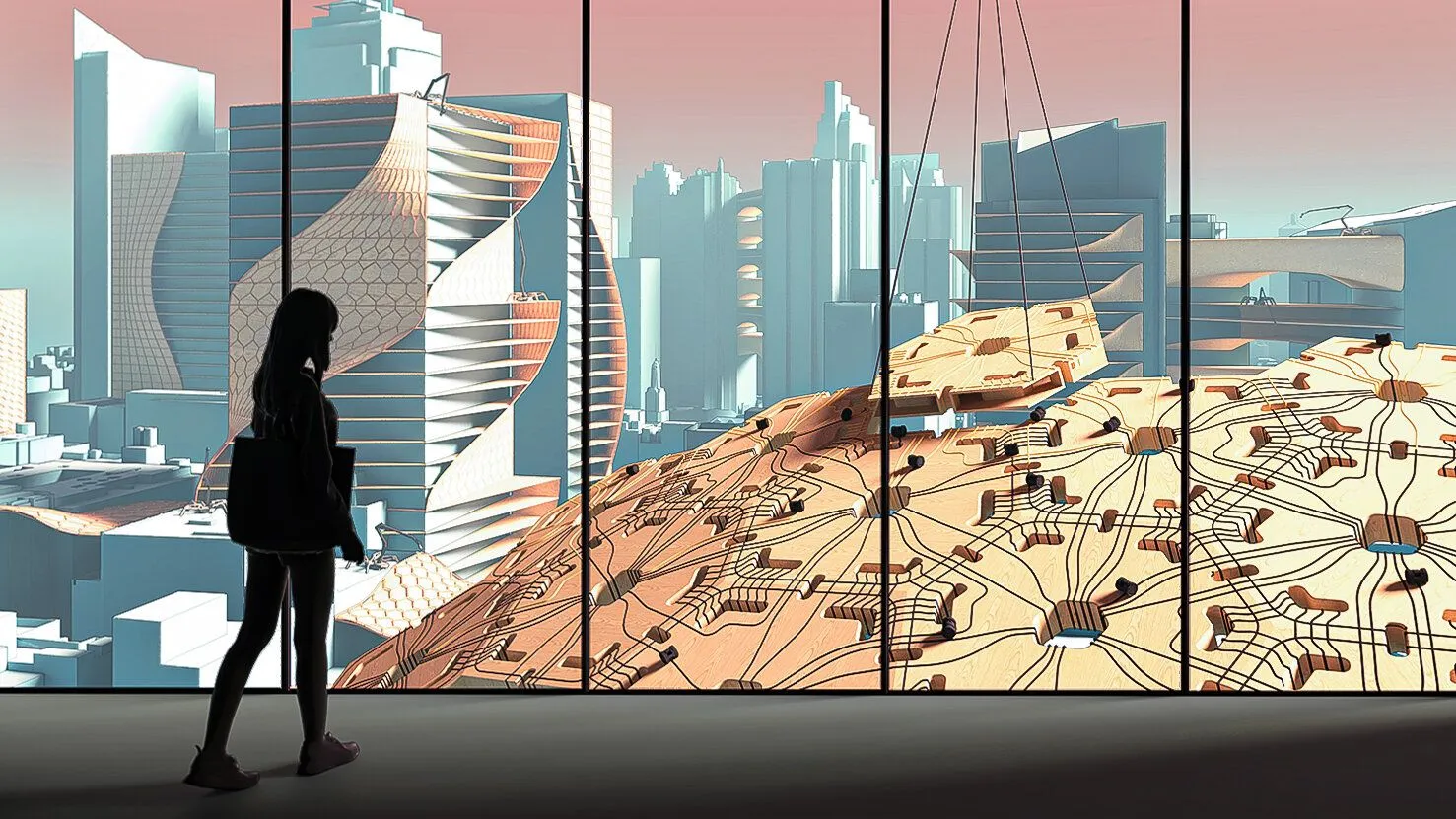 Figure 07 - Joint Effort: Robot team enabled carbon fibre joining strategies for lightweight wood construction (S. Lut, T. Stark, L.Siriwardena, 2020).