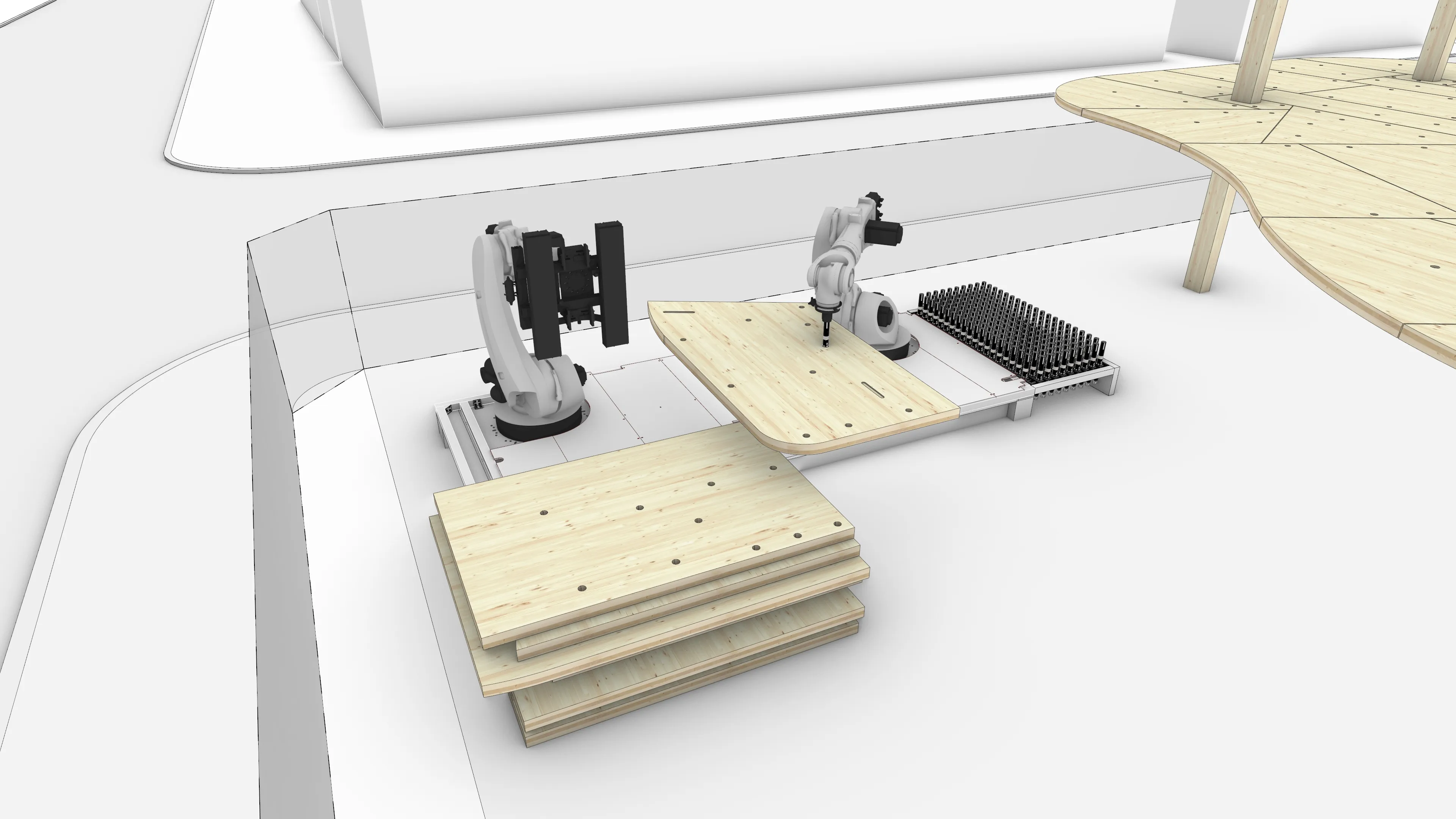 Figura 45 - Após o painel ser virado, o Robô B continuaria a posicionar os dispositivos nos furos pré-perfurados. Adicionalmente, os pinos para o alinhamento passivo seriam colocados.