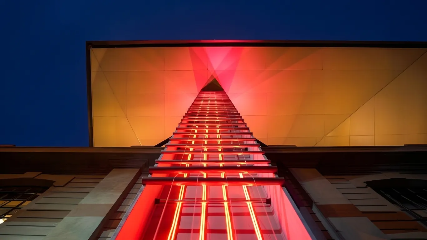 Foto da Air Guitar tirada de baixo, olhando para o teto do prédio recém-reformado.