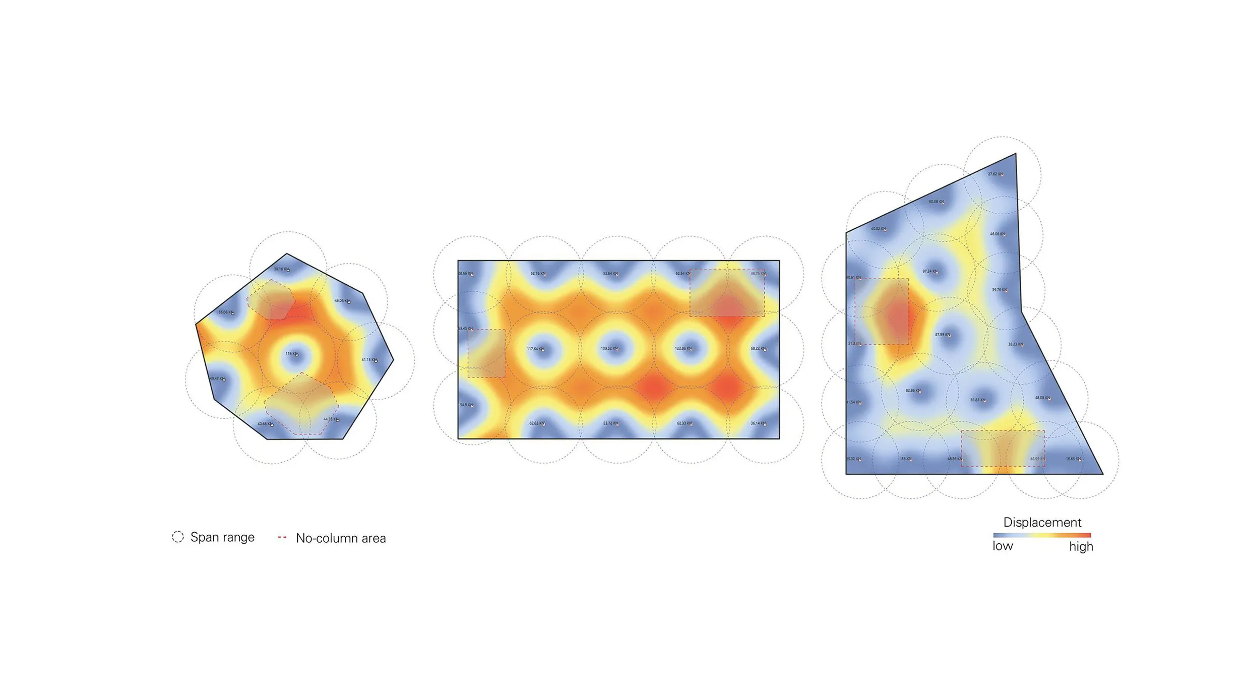 Three building layouts showing the final positioning of the columns resulting from the algorithm.