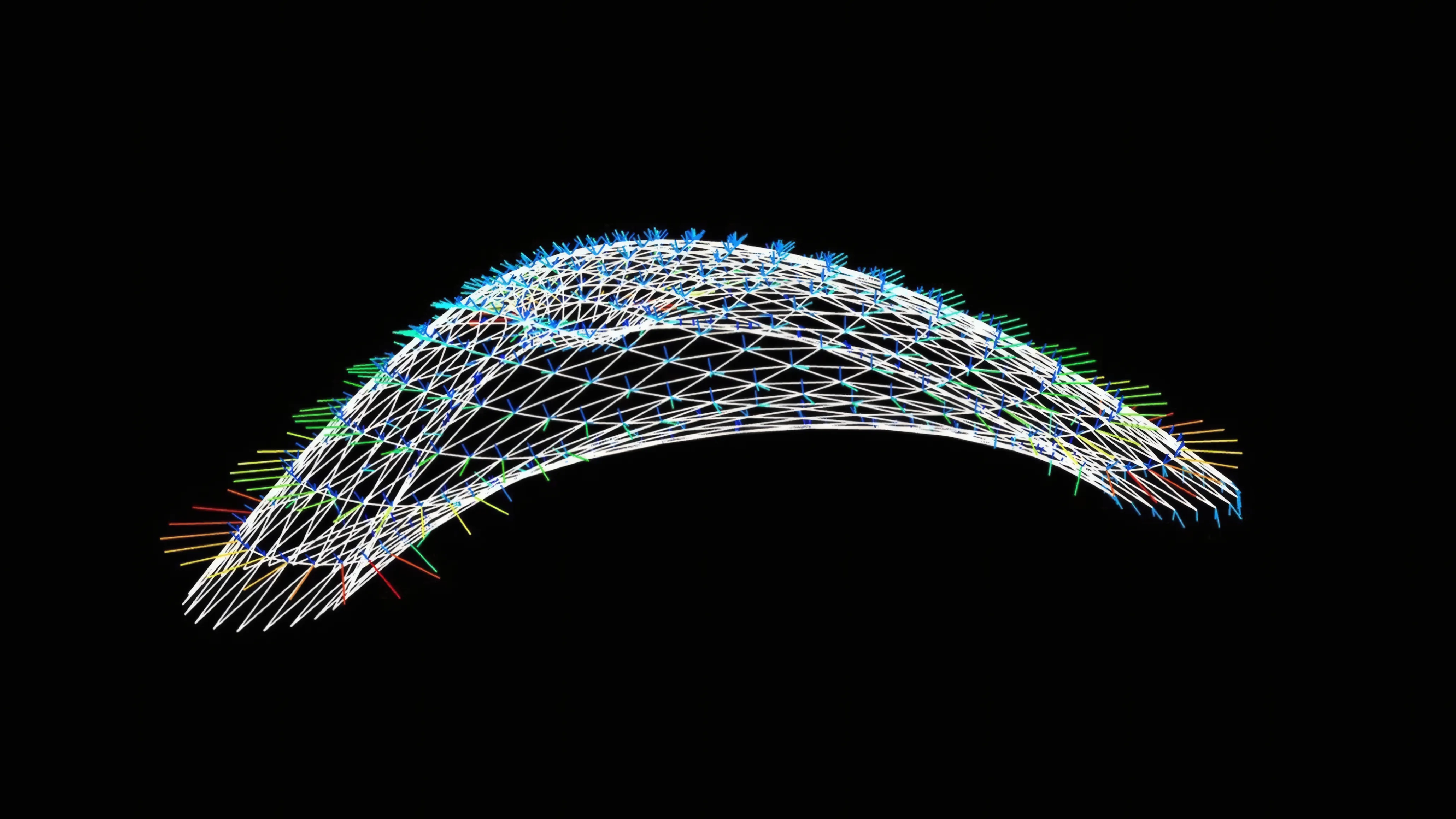 3D model in wireframe showing bending forces on the case study, the ZCB pavilion.