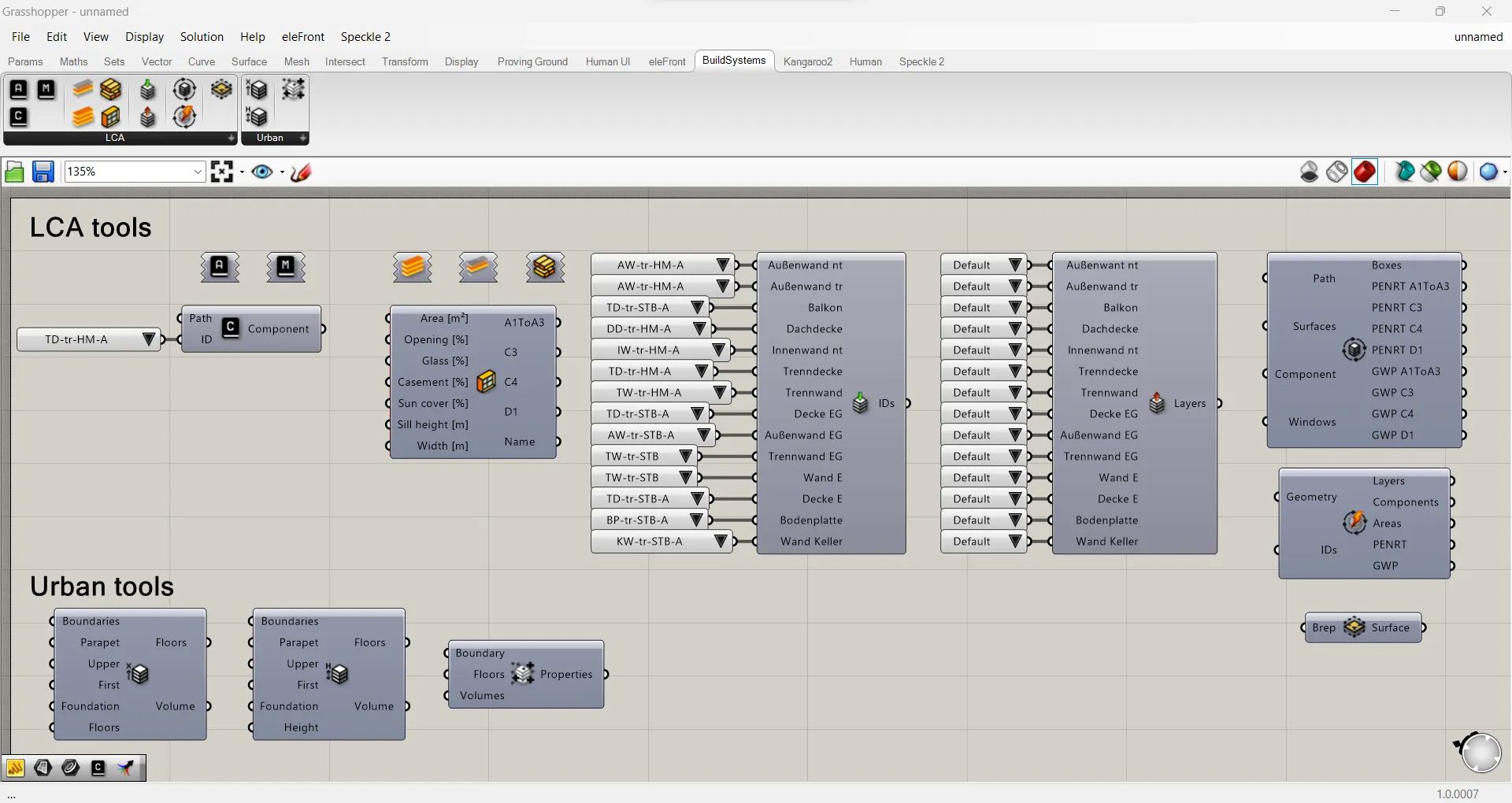 Aba da BuildSystems no Grasshopper: componentes de ACV e planejamento urbano