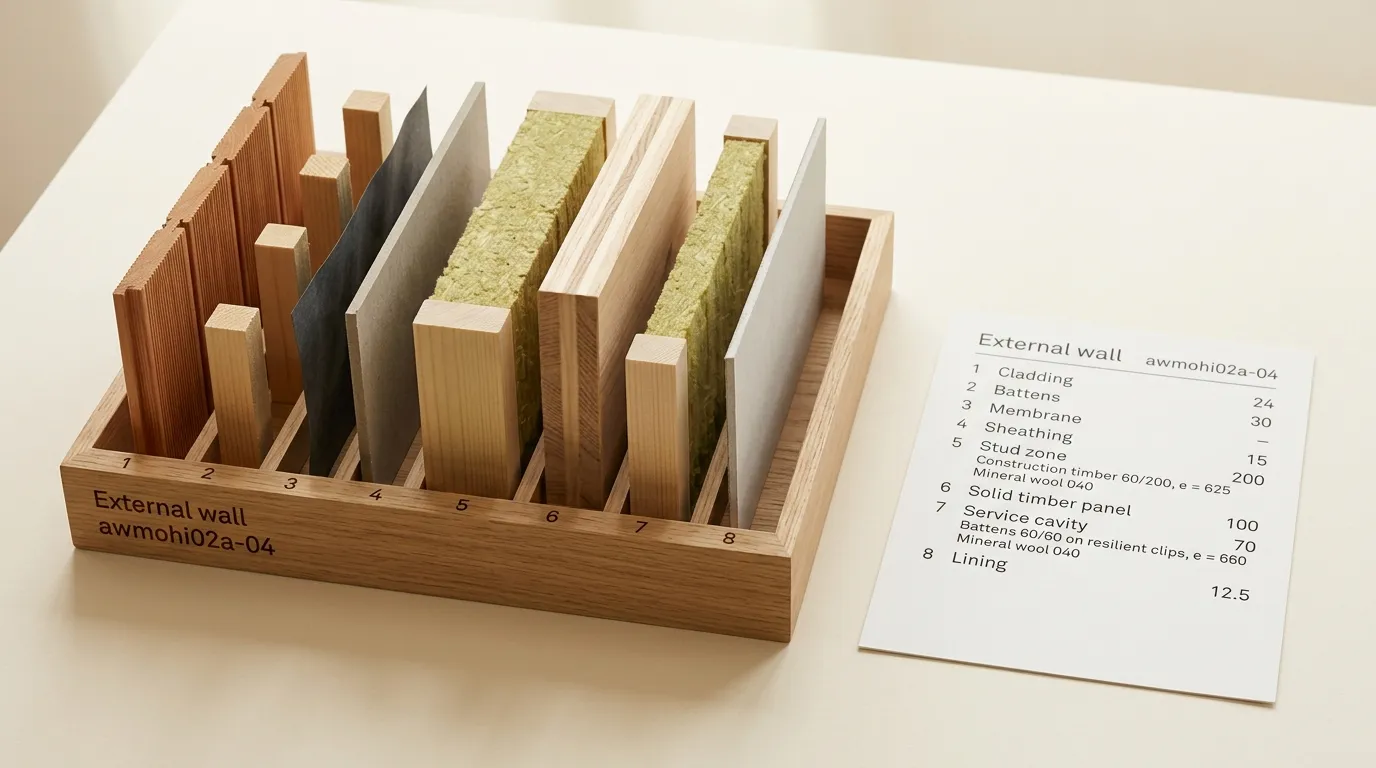 An oak tray laser-engraved 'External wall awmohi02a-04', a tested assembly from the dataholz catalogue, holding that wall's eight layers upright in numbered slots: larch cladding, battens, façade membrane, gypsum fibre sheathing, the stud zone, a solid glued timber panel, the service cavity and the inner lining. The stud zone and the service cavity are not single slabs: each slot holds a timber member, mineral wool and a second identical member one behind the other at the same thickness, so the layer reads as one depth of alternating materials. A printed legend beside the tray lists the eight layers by number with their thicknesses.