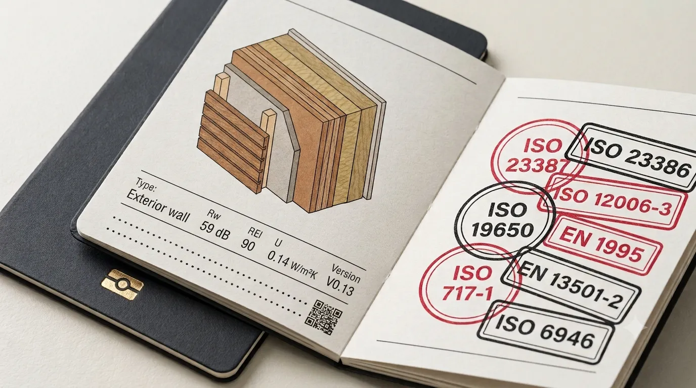 An open passport for a timber exterior wall: the left page shows the layered buildup in place of a photo, with Rw 59 dB, REI 90, U 0.14 W/m²K and version v0.13; the right page carries stamps for ISO 23387, ISO 23386, ISO 12006-3, ISO 19650, EN 1995, ISO 717-1, EN 13501-2 and ISO 6946.