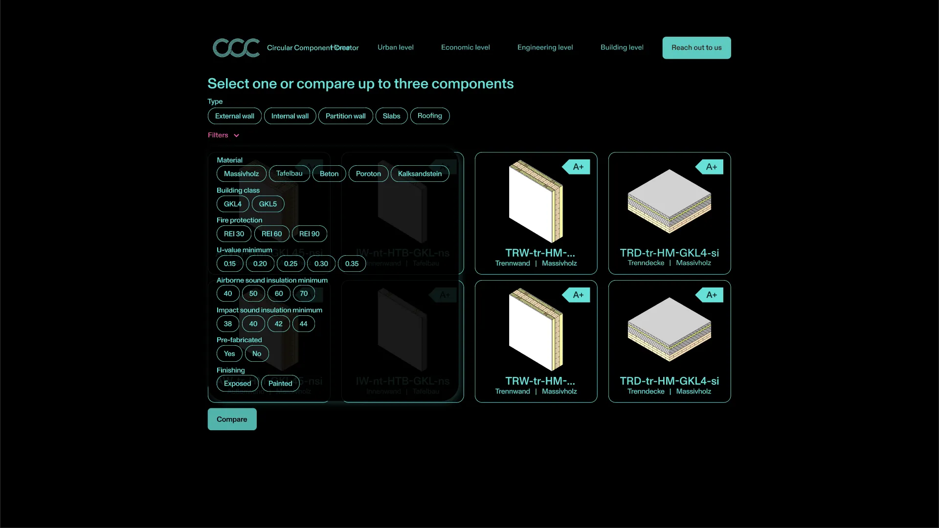 Figma-Mockup des Filterpanels mit Material-, Abmessungs- und Rahmenoptionen zur Eingrenzung der Komponentenauswahl.