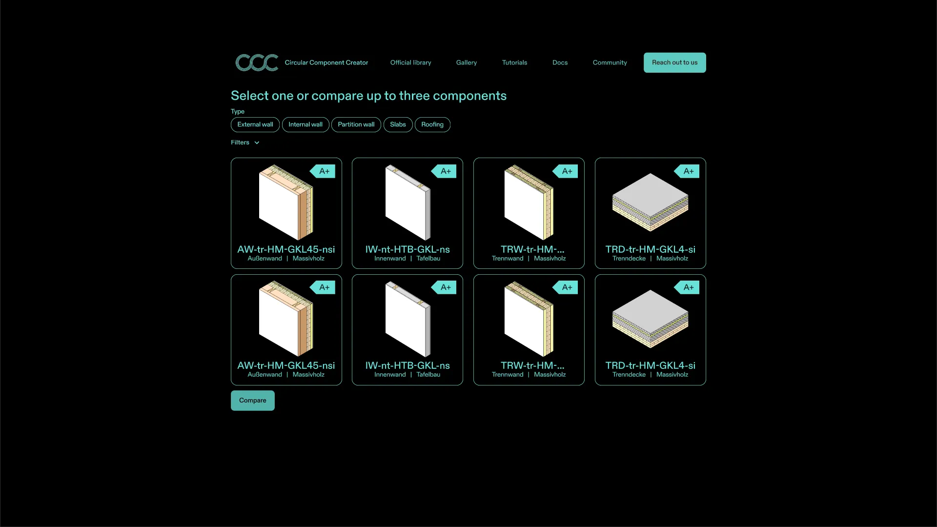 Mockup no Figma da biblioteca de componentes mostrando uma grade de componentes construtivos disponíveis para seleção e comparação.