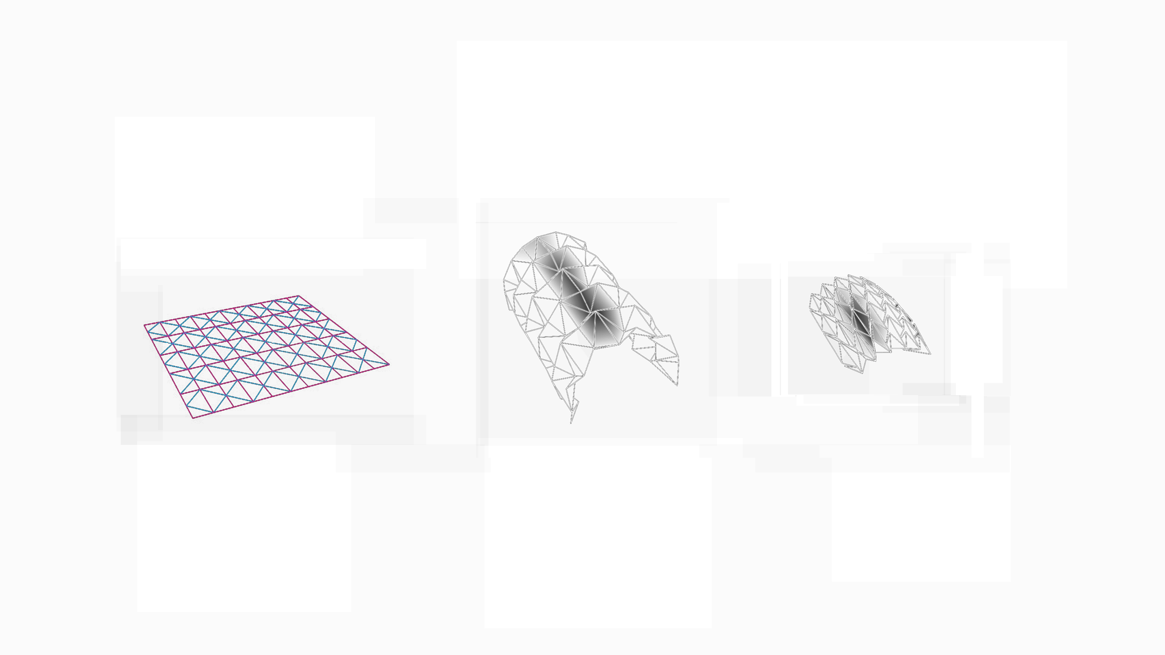 A flat, squared mesh on the left and a folded cylinder-like mesh on the right.