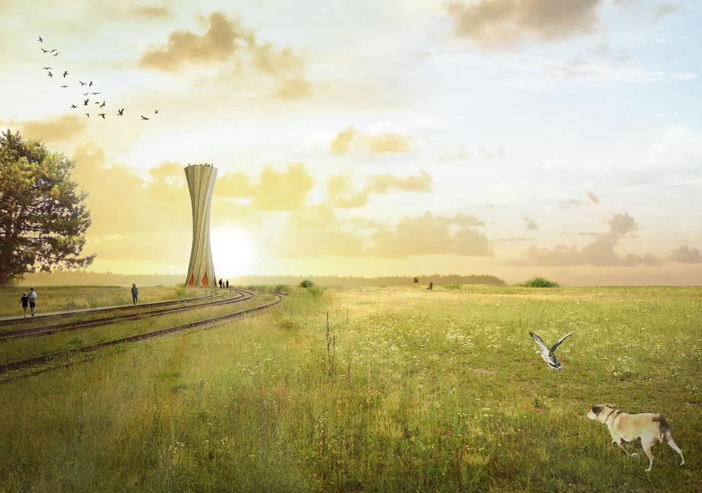 Rendering eines Turms aus selbstkrümmendem Brettsperrholz mit Personen als Maßstab.