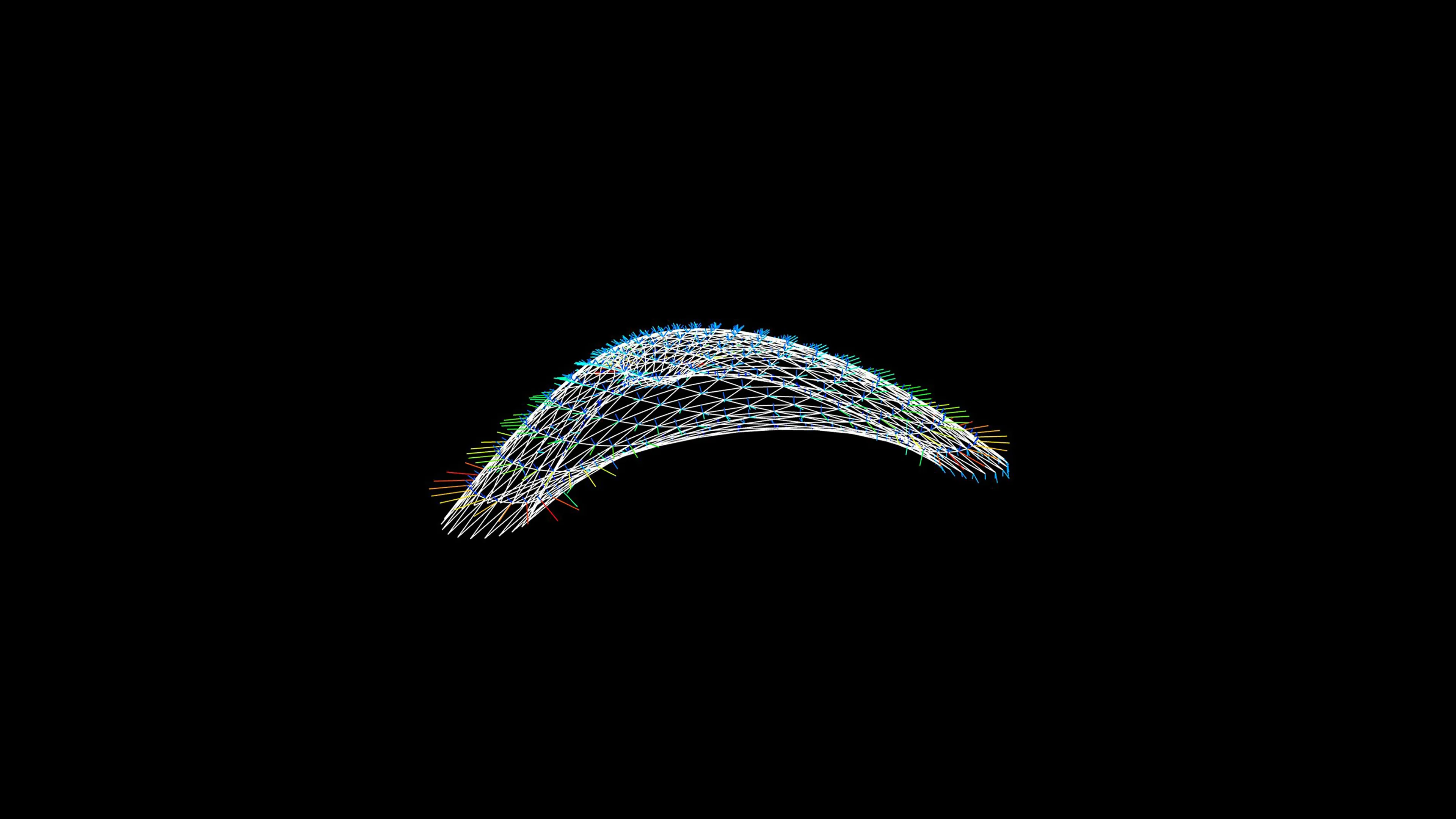 3D-Modell im Drahtgitter mit Biegekräften am Fallbeispiel, dem ZCB-Pavillon.