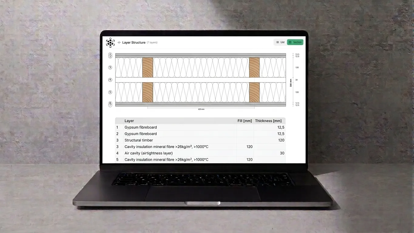The DOKwood platform on a laptop, showing the layer structure of a 320 mm timber wall buildup: seven layers, a section drawing and the layer table.