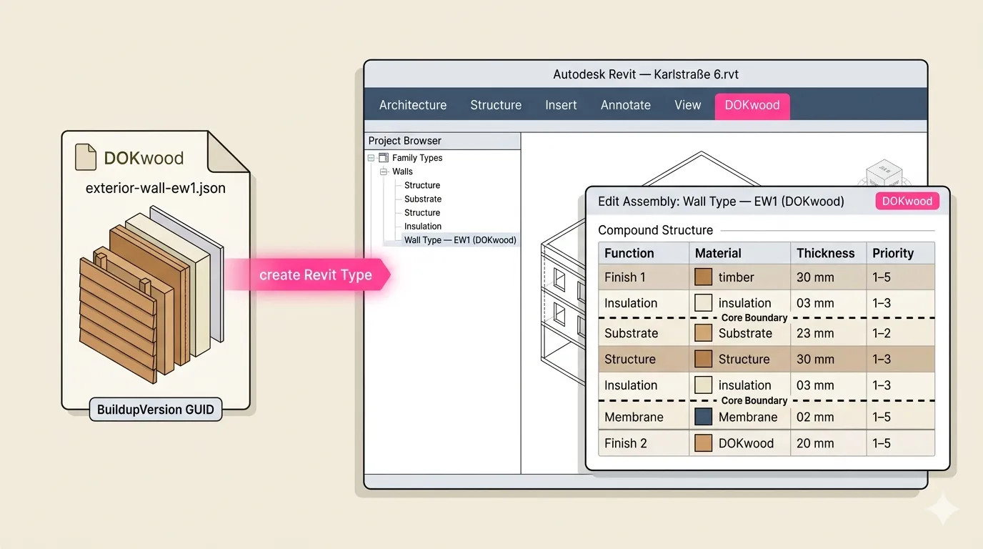 A DOKwood buildup JSON file on the left becomes a Revit wall type on the right: the Edit Assembly dialog lists the compound structure with function, material, thickness and priority for each layer, core boundaries included.