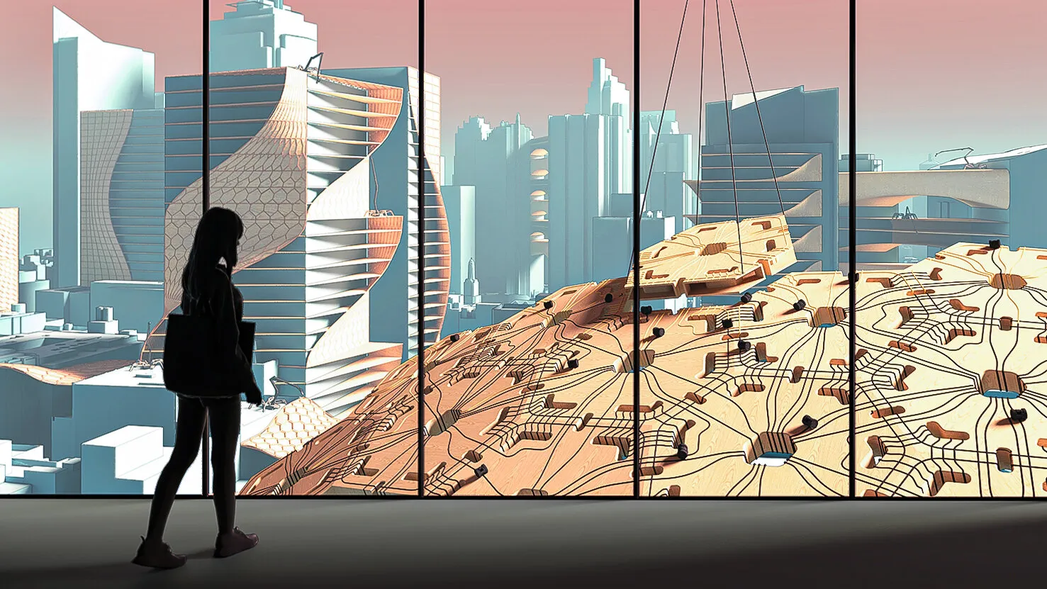 Figura 07 - Esforço Conjunto (Joint Effort): Equipe de robôs viabilizou estratégias de união de fibra de carbono para construção leve em madeira (S. Lut, T. Stark, L. Siriwardena, 2020).