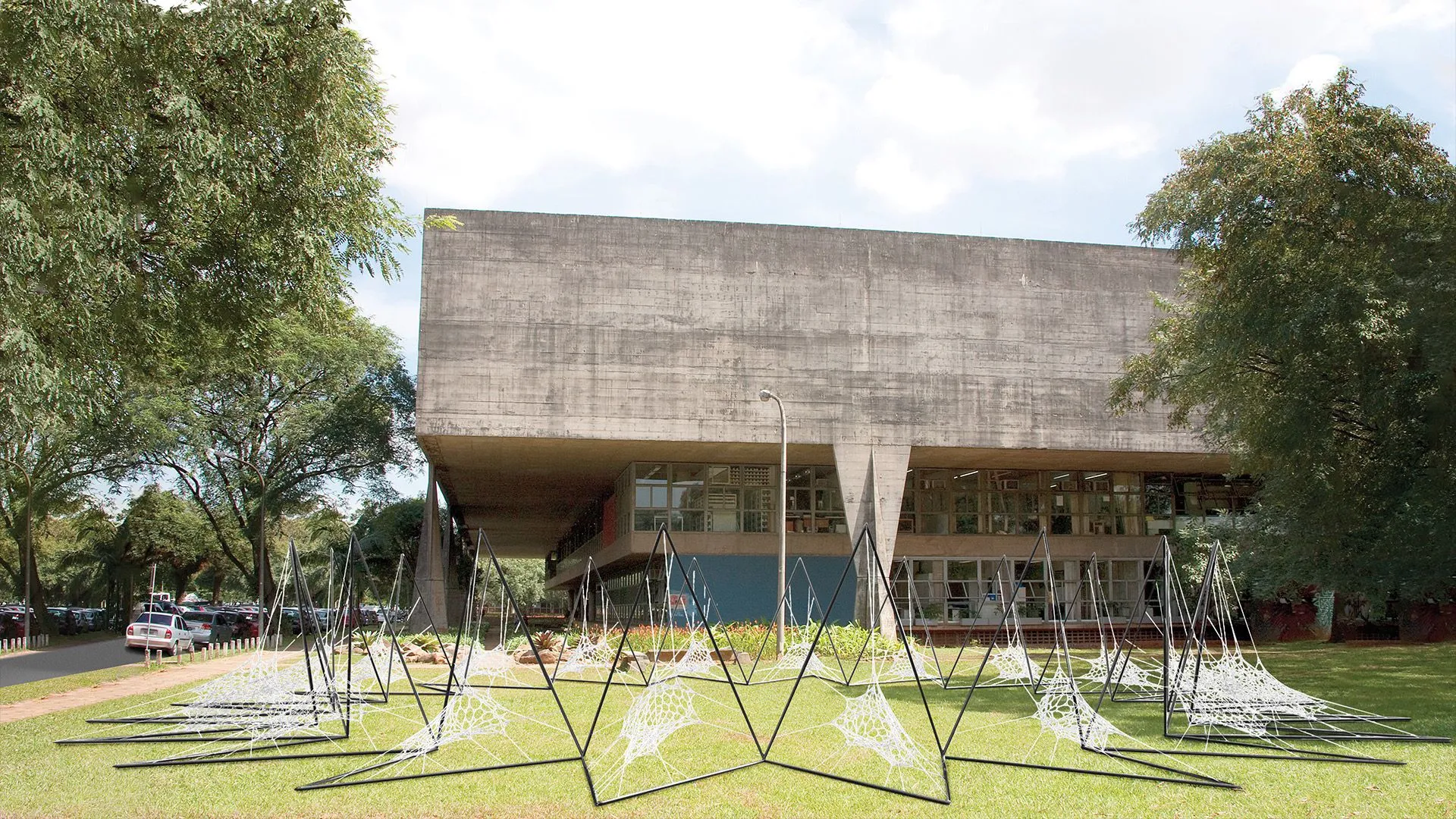 Renderização da instalação Microverse em frente à FAU-USP.