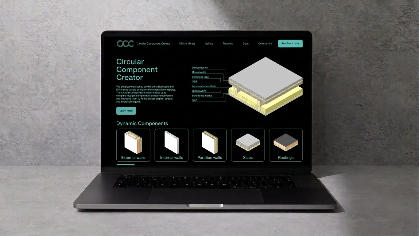 The Circular Component Creator homepage displayed on a laptop, showing an isometric section of a building component and dynamic component categories.