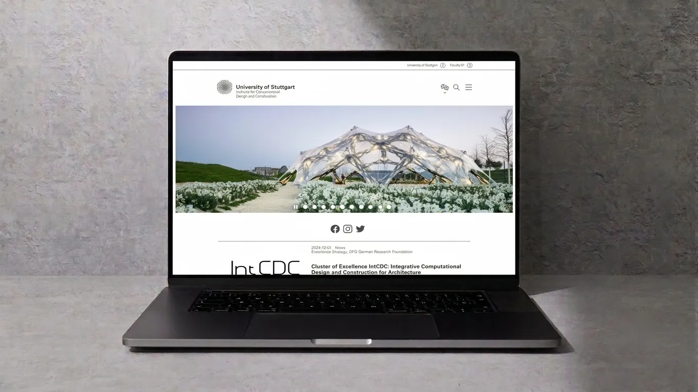 The ICD website homepage displayed on a laptop, featuring the BUGA Fibre Pavilion.