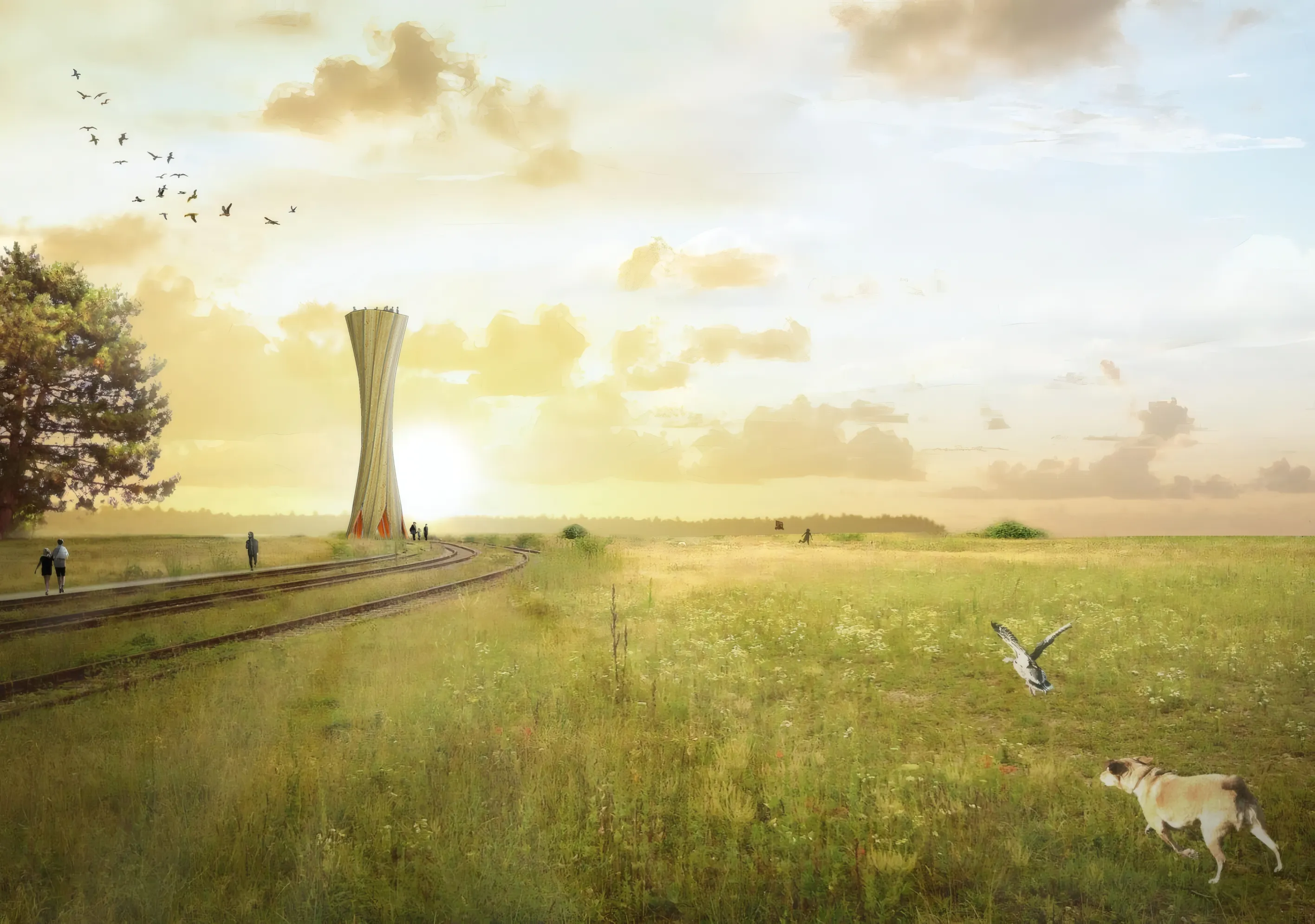 Renderização de uma torre com madeira laminada cruzada auto-curvante com pessoas para escala.