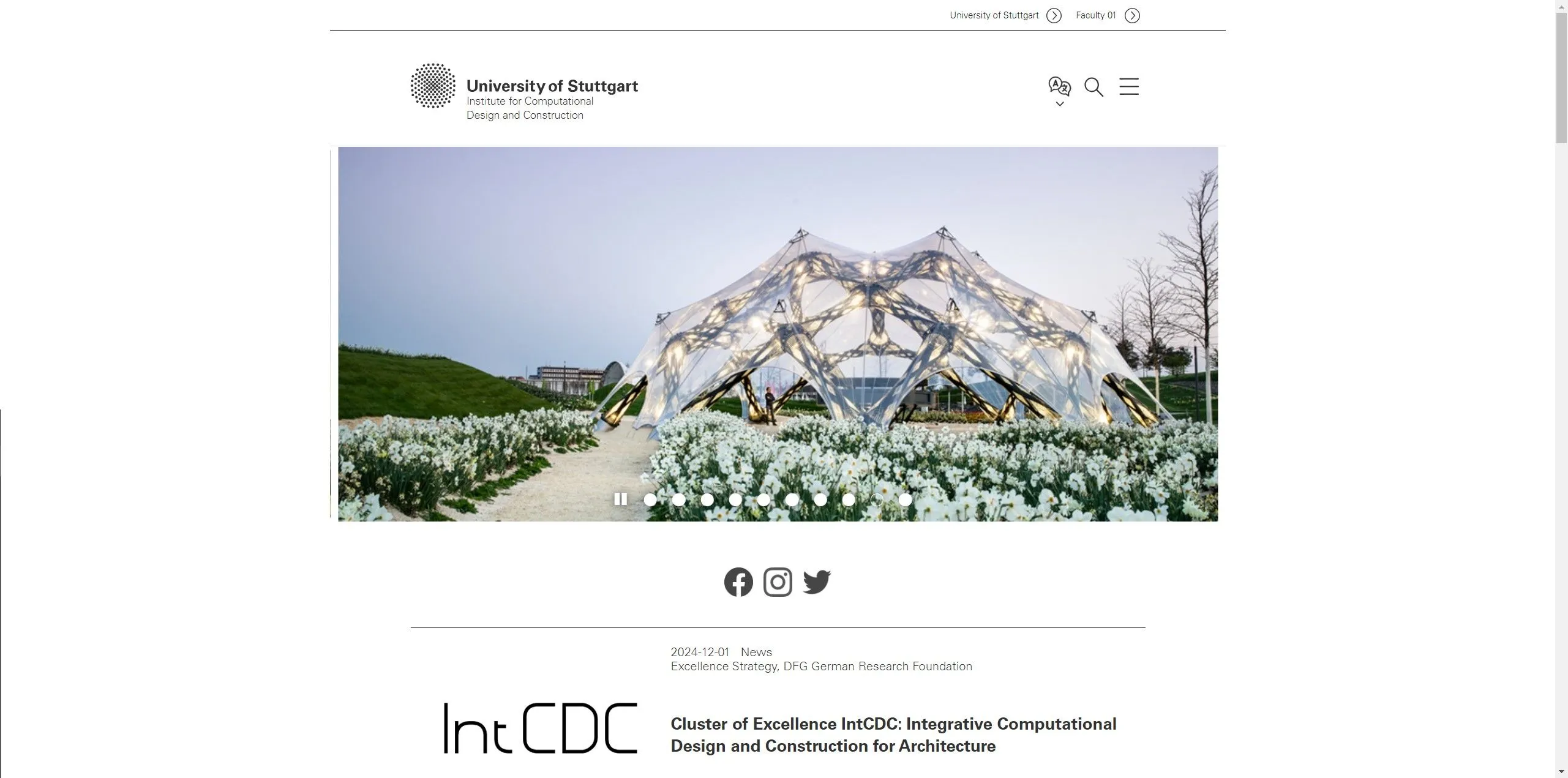 Startseite der ICD-Website mit dem BUGA-Faserpavillon.
