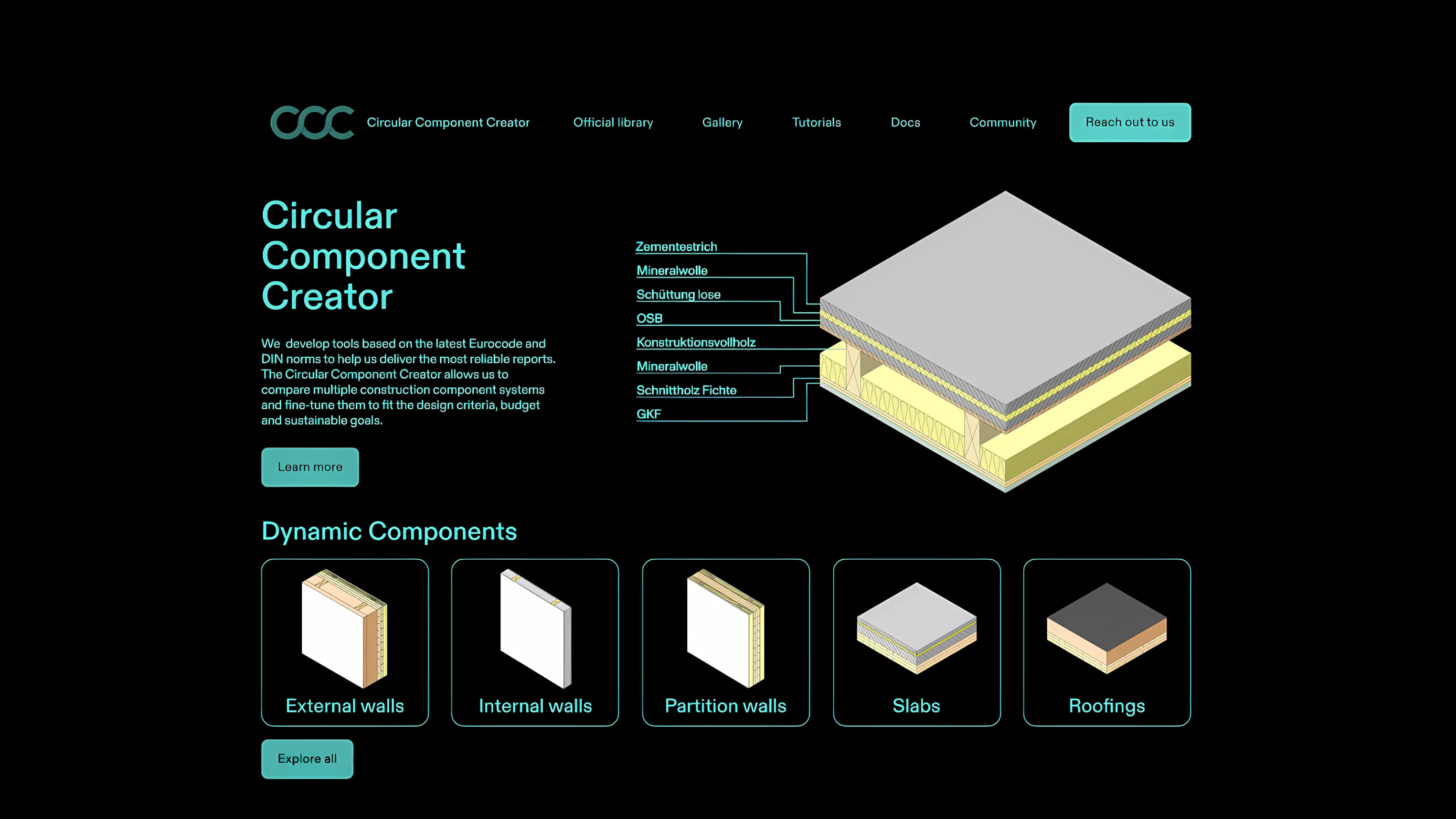 Startseite des Circular Component Creator mit einer isometrischen Schnitt einer Baukomponente und dynamischen Komponentenkategorien.