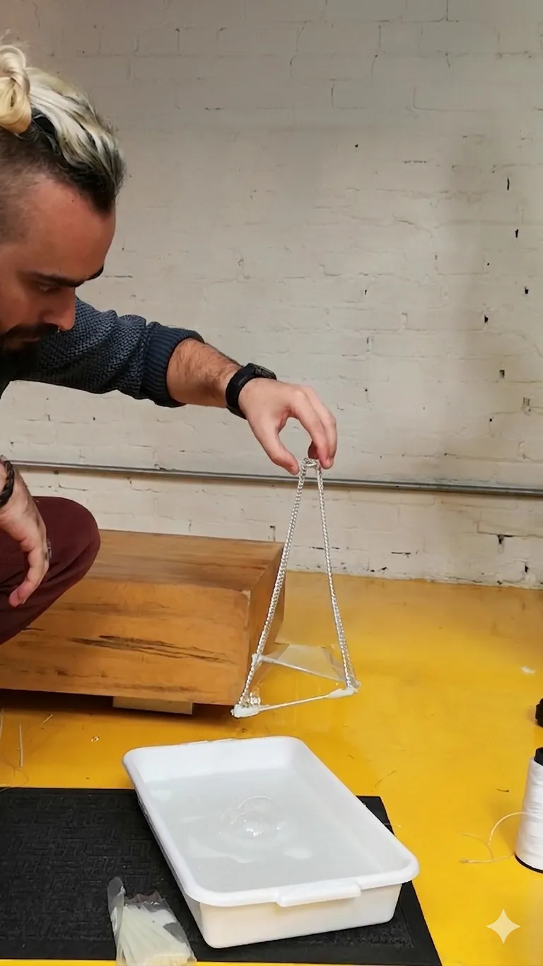 Filme de sabão formando uma superfície de catenária piramidal sobre uma armação de arame, fotografado por Murilo Gasparetto no dia de busca pela forma do workshop.