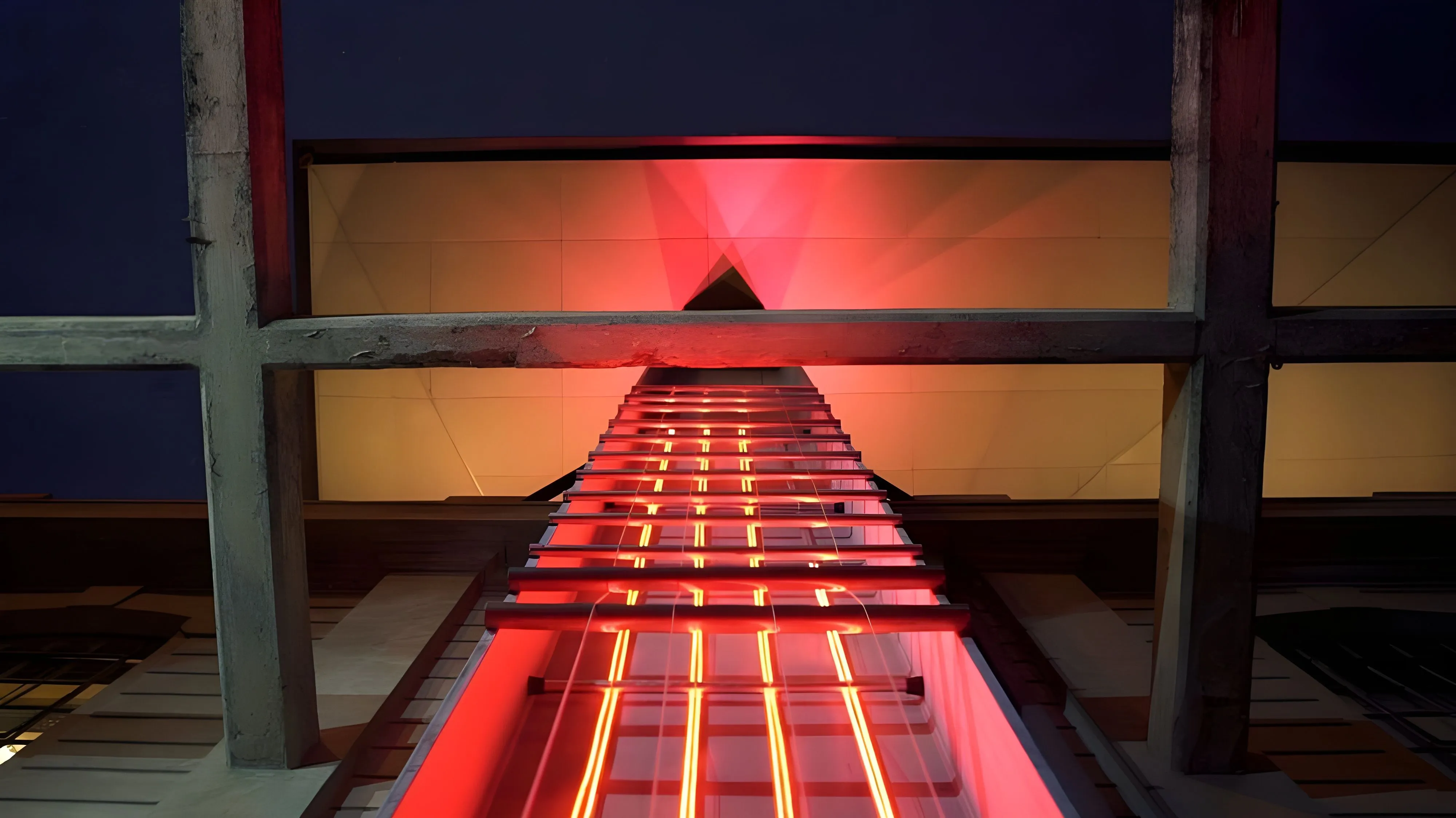 Photo of the Air Guitar taken from the bottom, looking to the ceiling of the newly renovated building.