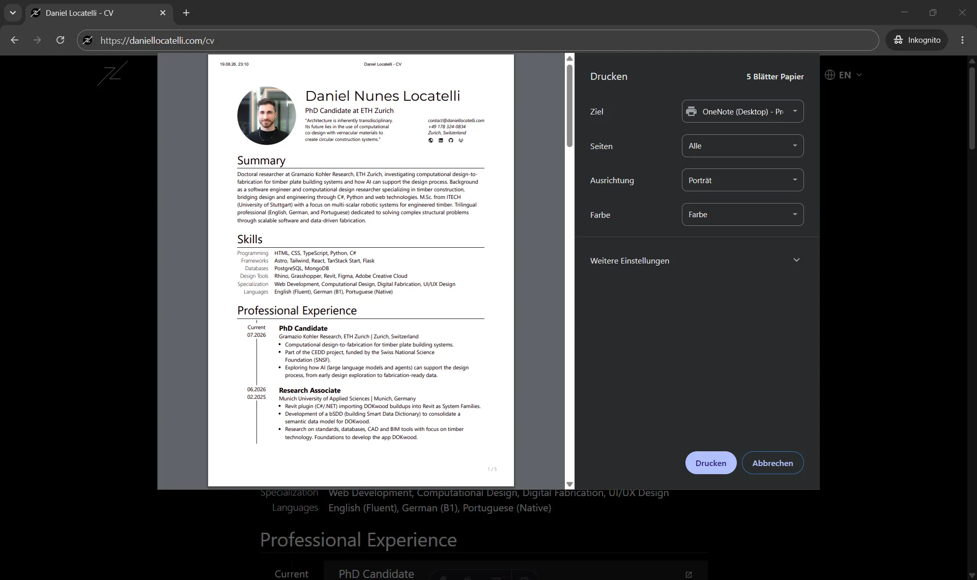 The browser print dialog over the CV page: the preview shows the CV laid out as a clean white document with photo, name, "PhD Candidate at ETH Zurich", summary, skills, and professional experience, ready to be saved as a PDF.