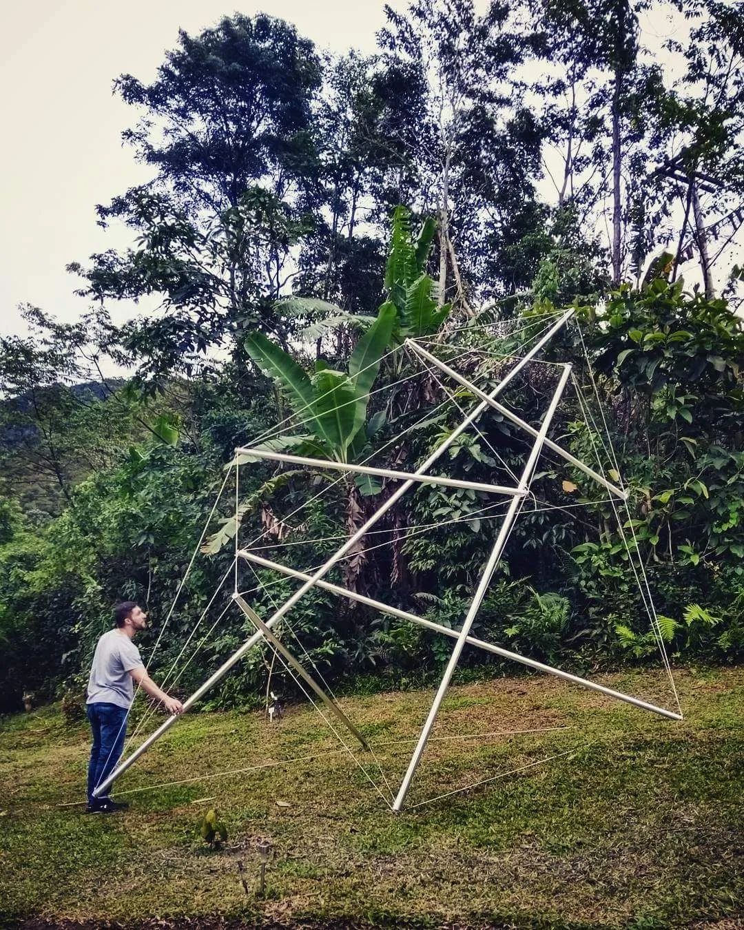 A estrutura de tensegridade completa em pé no jardim.