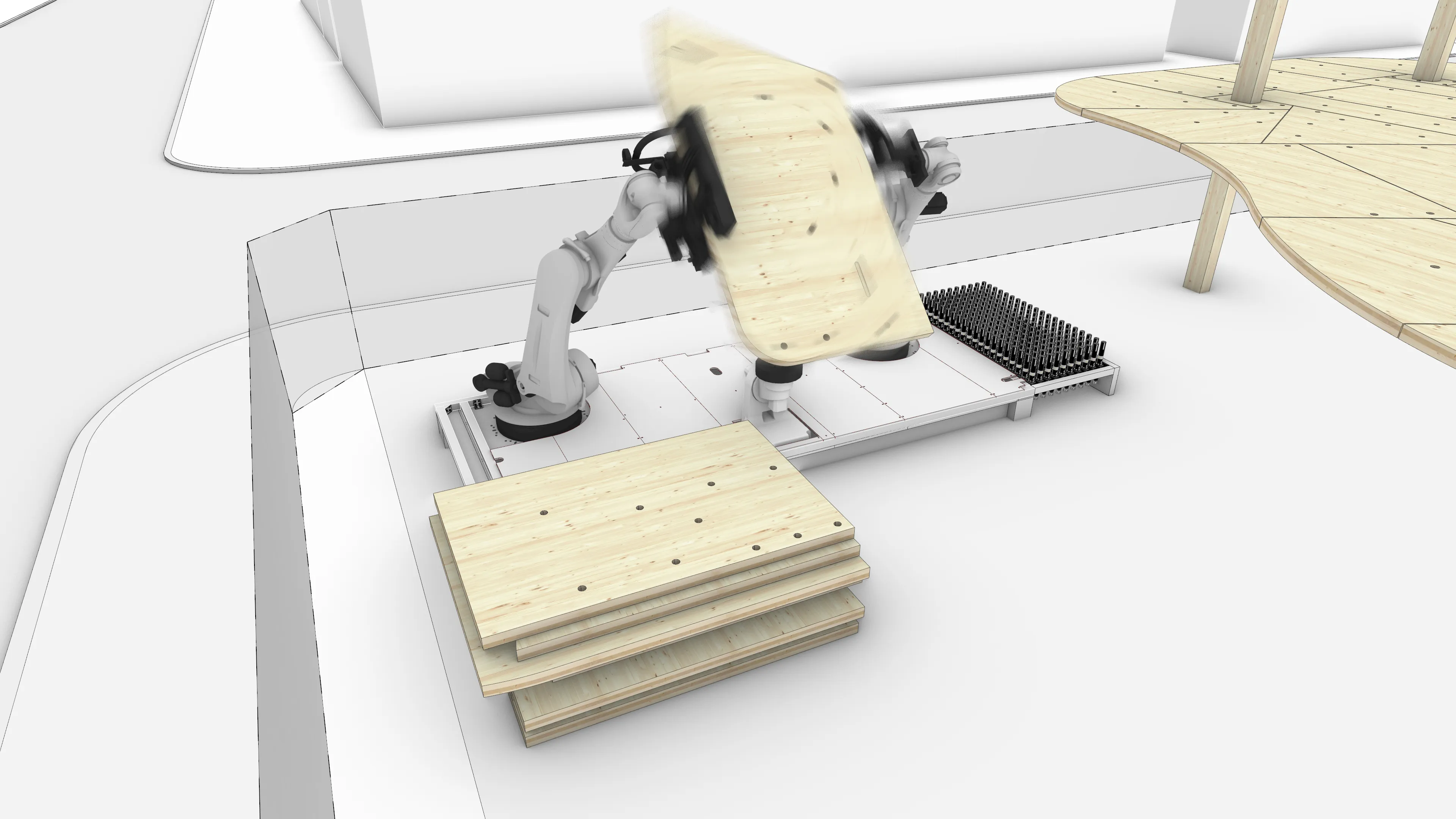 Abbildung 44 – Die nächste Aufgabe umfasst das Wenden des Paneels. Hier arbeiten beide Roboter zusammen.