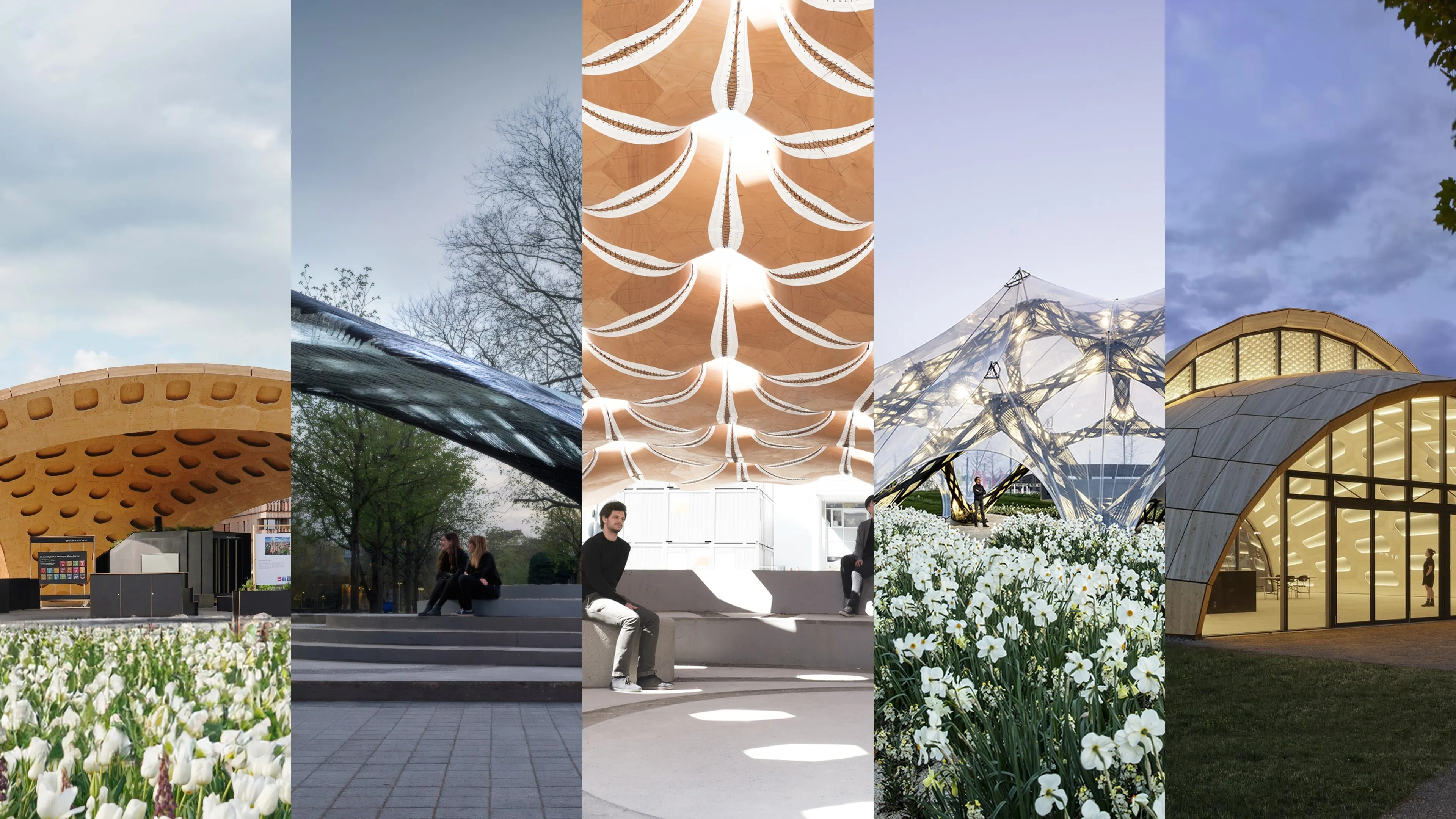 Collage in five vertical strips of the German projects shown in the talk: BUGA Wood Pavilion Reuse 2023, ICD/ITKE Research Pavilion 2015-16 and 2016-17, BUGA Fibre Pavilion 2019, and livMatS Biomimetic Shell.
